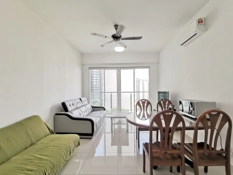 Living features: 3-seater fabric sofa in grey, 2-seater leather sofa, ceiling fan, recessed downlights, floor-to-ceiling windows, white painted walls, glossy tile flooring, dining table with 4 wooden chairs, microwave, air conditioning unit; style: modern; view: city.