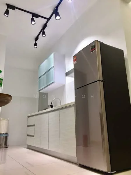 Kitchen features: white cabinetry with flat-panel doors, stainless-steel fridge, single-bowl stainless-steel sink, chrome pull-down faucet, white countertop, ceramic tile flooring, recessed LED downlights, open shelving, wall-mounted cabinets, modern design; style: modern.