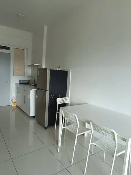 Kitchen features: white painted walls, glossy white tile flooring, stainless-steel fridge, white cabinetry, single-bowl stainless-steel sink, chrome pull-down faucet, countertop with storage underneath, 4-seater dining table with white chairs; style: modern.