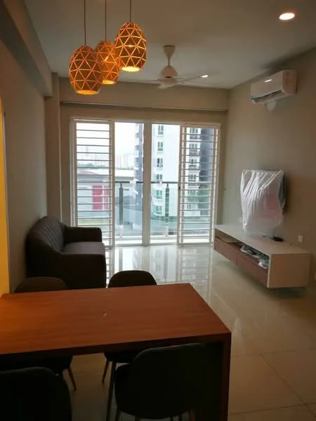 Living features: 3-seater fabric sofa in grey, wooden dining table, 4 dining chairs, floor-to-ceiling windows, sliding glass door, white wall-mounted TV, TV console, ceiling fan, pendant lighting with geometric design, glossy tile flooring, air conditioning unit; style: modern; view: city.
