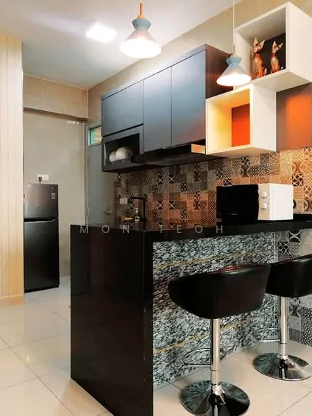 Kitchen features: black cabinetry, granite countertop, stainless-steel sink, chrome pull-down faucet, microwave, black refrigerator, pendant lighting, bar stools, decorative wall shelves, colorful mosaic tile backsplash, white ceramic tile flooring, recessed lighting; style: modern.