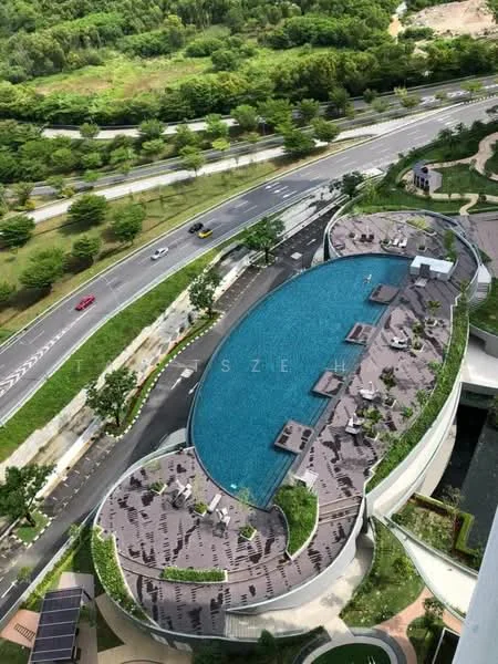 Exterior type: high-rise condominium; features: infinity pool, pool deck with loungers, landscaped gardens, manicured lawn, surrounded by greenery, adjacent to main road; style: modern.