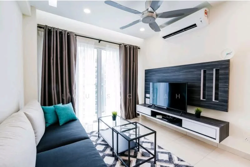 Living features: 3-seater fabric sofa in grey, decorative cushions in teal, glass coffee table with black frame, wall-mounted TV, TV console in white with wood accents, floor-to-ceiling windows with sheer curtains, recessed downlights, 5-blade ceiling fan, wall-mounted air conditioning unit, light-colored walls, tile flooring, area rug with geometric pattern; style: modern.