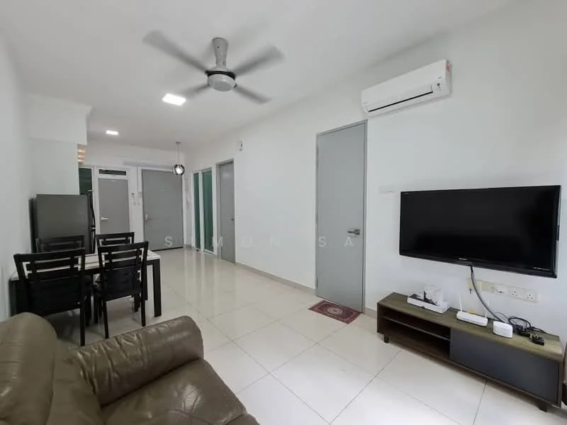 Living features: 3-seater leather sofa, ceiling fan, wall-mounted TV, TV console, marble tile flooring, white painted walls, recessed downlights, air conditioning unit, decorative rug; style: modern. Dining features: 6-seater dining table, black dining chairs, marble tile flooring, white painted walls; style: modern.