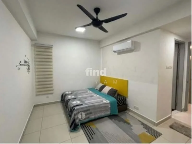 Bedroom features: queen-size bed with yellow headboard, grey and turquoise bedding, area rug with geometric pattern, wall-mounted split AC, 5-blade ceiling fan with light, white painted walls, tile flooring, window with blinds, decorative wall art; style: modern.
