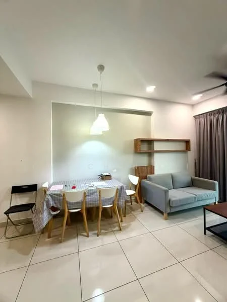 Dining features: square dining table with checkered tablecloth, 4 white dining chairs, 2 black folding chairs, pendant light fixture, light grey fabric sofa, wooden wall shelf, curtains, white painted walls, glossy tile flooring, recessed ceiling lights, ceiling fan; style: modern.