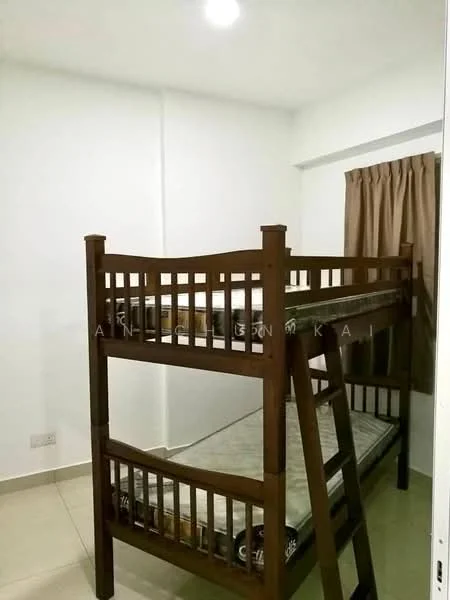 Bedroom features: bunk bed with wooden frame, mattress on top and bottom bunk, white painted walls, cream curtains, recessed ceiling light, tile flooring, built-in wardrobe, window with curtain; style: modern.