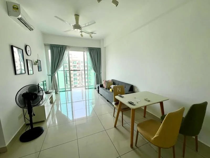 Living features: white painted walls, glossy tile flooring, 5-blade ceiling fan with light, floor-to-ceiling windows, sliding glass door, sheer curtains, sofa in grey fabric, coffee table, TV console, wall-mounted TV, area rug, dining table with 2 chairs; style: modern; view: city.