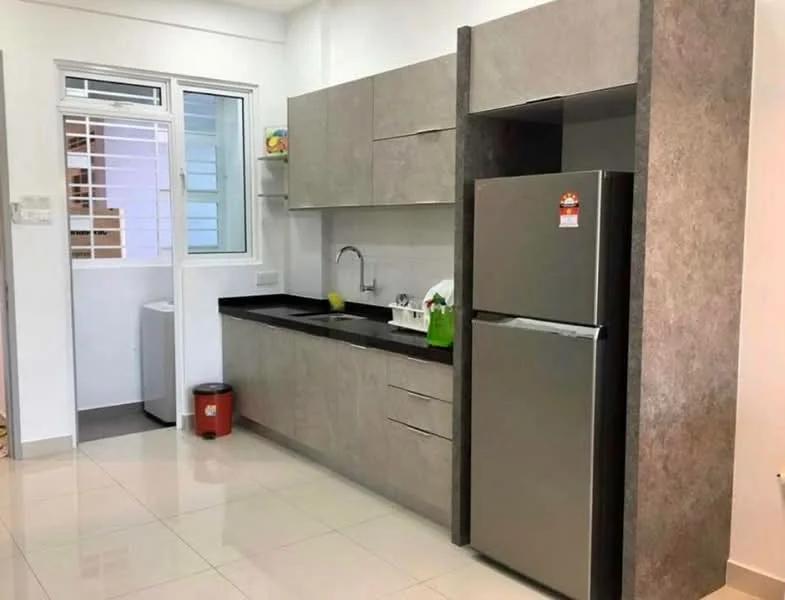 Kitchen features: grey cabinetry, black countertop, single-bowl stainless-steel sink, chrome pull-down faucet, stainless-steel fridge, built-in oven, ceramic tile flooring, window with white frame, washing machine, red trash bin; style: modern.