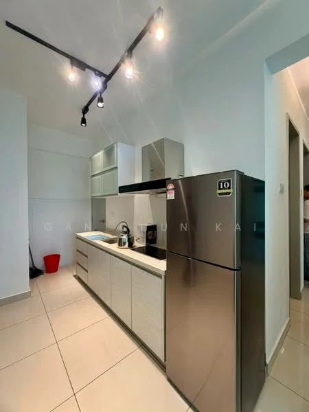Kitchen features: white cabinetry, stainless-steel fridge, built-in oven, 4-burner gas hob, single-bowl stainless-steel sink, chrome pull-down faucet, white quartz countertop, tile backsplash, recessed LED downlights, ceramic tile flooring, open shelving, wall-mounted extractor hood; style: modern.