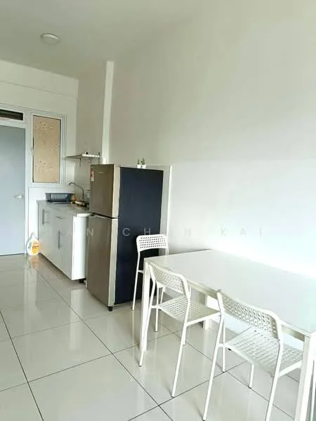 Kitchen features: white painted walls, glossy white tile flooring, stainless-steel fridge, built-in kitchen cabinet, single-bowl stainless-steel sink, chrome pull-down faucet, white dining table, 4 white chairs, window with sheer curtains, countertop with storage below; style: modern.