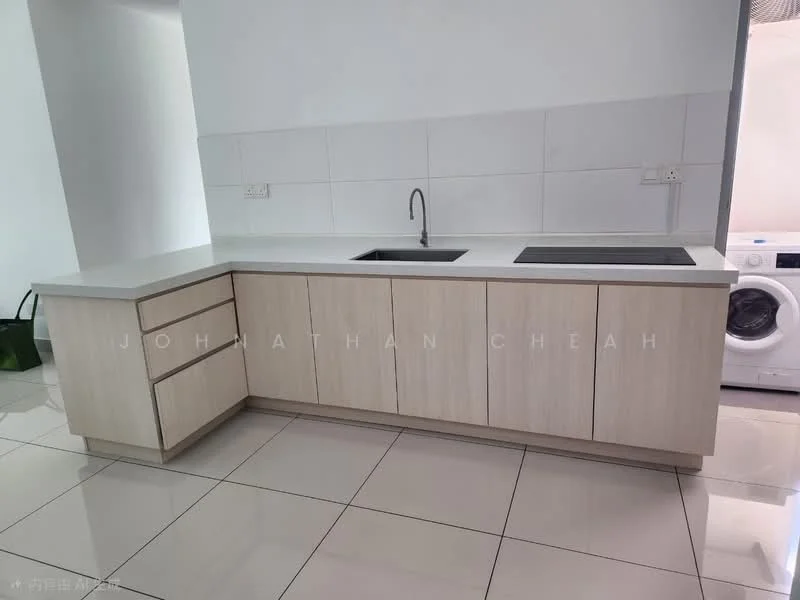 Kitchen features: light wood cabinetry, white countertop, single-bowl stainless-steel sink, chrome pull-down faucet, built-in washing machine, white tiled backsplash, ceramic tile flooring, recessed lighting; style: modern.