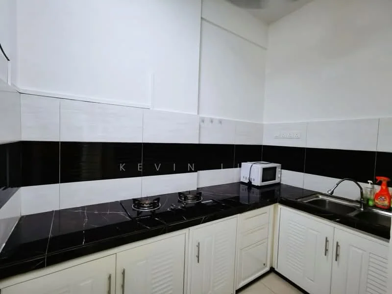 Kitchen features: black and white tiled backsplash, black granite countertop, white cabinetry with horizontal slats, double-burner gas stove, stainless-steel sink, microwave, dishwashing liquid, kitchen towel holder; style: modern.