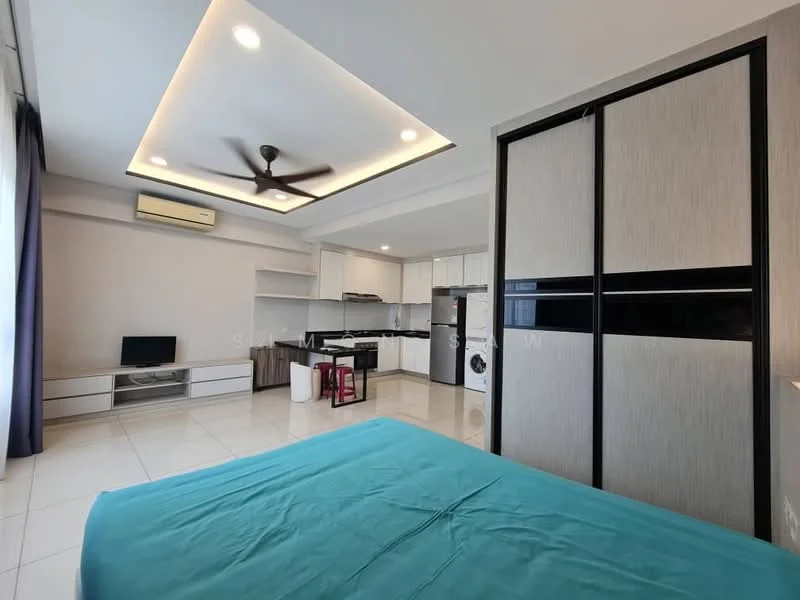Bedroom features: queen-size bed with turquoise bedding, built-in wardrobe with sliding doors, wall-mounted TV, ceiling fan with light, recessed ceiling lights, white painted walls, tile flooring, window with sheer curtains, open shelving unit, kitchenette area with countertop, stainless-steel refrigerator, washing machine, stove, bar stools; style: modern.