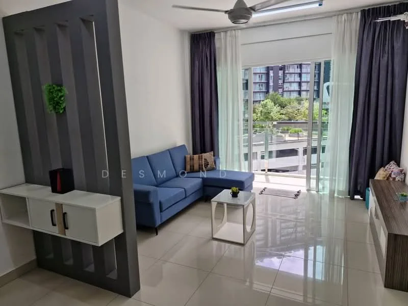 Living features: blue fabric sofa, white coffee table, TV console with storage, floor-to-ceiling windows, curtains in light grey and dark grey, recessed ceiling lights, ceiling fan, glossy tile flooring, decorative wall with vertical slats, indoor plant decoration; style: modern; view: garden.