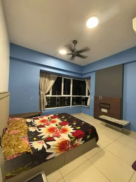 Bedroom features: queen-size bed with floral bedding, wall-mounted TV, wooden bedside table, ceiling fan, floor-to-ceiling windows, curtains, light-colored tiled flooring, blue painted walls, built-in wardrobe with dark wood finish; style: modern.