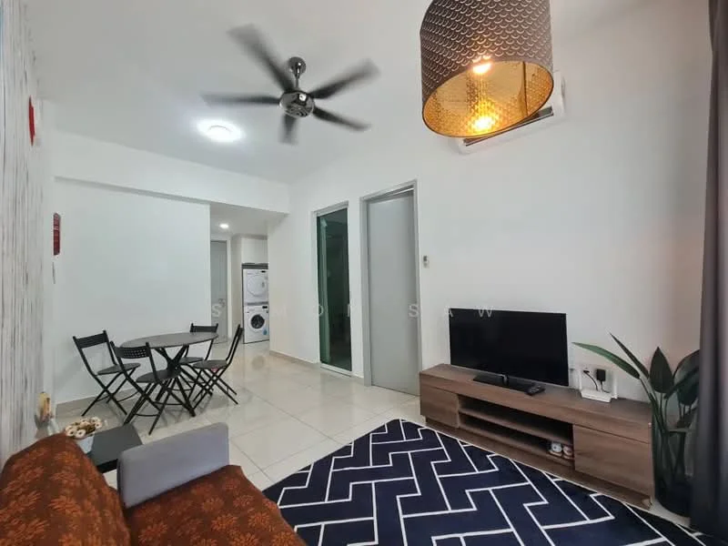 Living features: 3-seater fabric sofa in orange, coffee table, TV console, wall-mounted TV, area rug with geometric pattern, 5-blade ceiling fan with light, recessed downlights, wall-mounted air conditioning unit, decorative plant, white painted walls, cream tiled flooring; style: modern. Dining features: round dining table for 4, black folding chairs; style: modern. Laundry features: front-load washing machine, dryer, grey painted walls, door leading to laundry area.