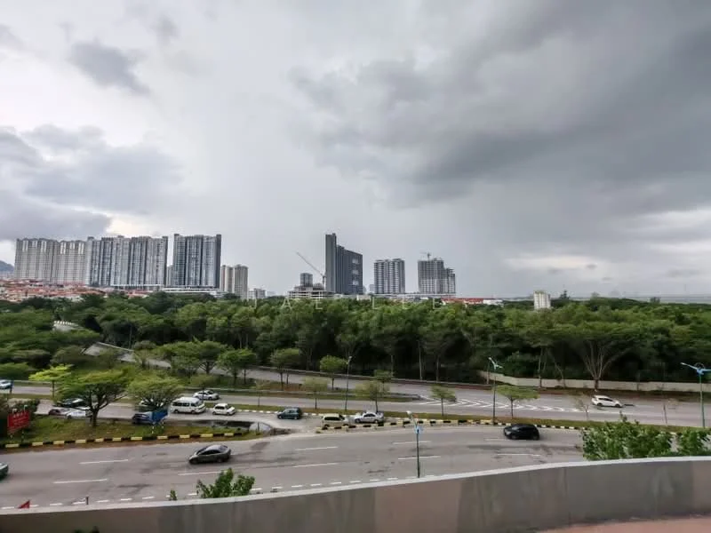 Exterior type: high-rise condominium; features: city skyline view, surrounded by greenery, urban context, multiple high-rise buildings, roadway visible in foreground; style: modern.