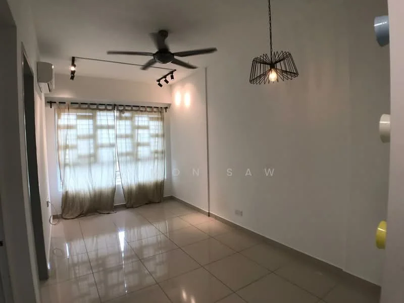 Living features: white painted walls, glossy tile flooring, 5-blade ceiling fan, pendant light fixture, floor-to-ceiling windows with sheer curtains, track lighting, air conditioning unit; style: modern.