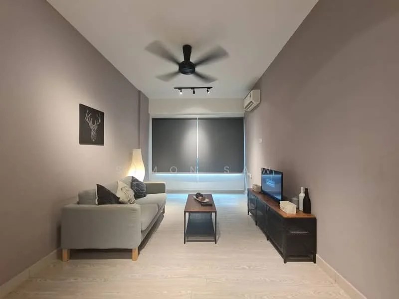 Living features: 3-seater fabric sofa in grey, wood coffee table, wall-mounted TV, TV console, ceiling fan, recessed LED downlights, floor-to-ceiling windows with blackout blinds, light-colored wood flooring, decorative wall art, air conditioning unit; style: modern.