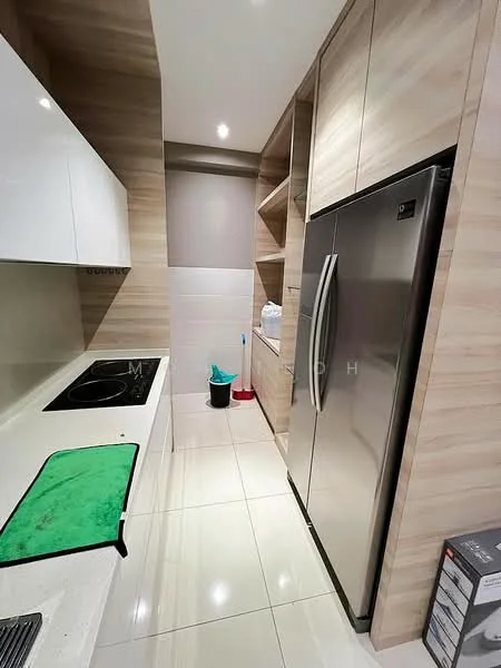 Kitchen features: white cabinetry, wood grain cabinetry, stainless-steel fridge, built-in oven, ceramic cooktop, white countertop, glossy tile flooring, open shelving, cleaning supplies visible; style: modern.