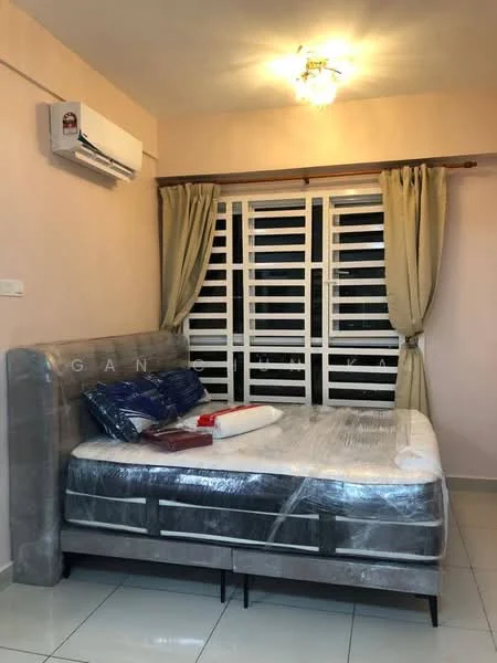 Bedroom features: queen-size bed, upholstered headboard, bedside lamps, curtains, floor-to-ceiling windows, wall-mounted split AC, white painted walls, tile flooring, chandelier, decorative mirror; style: modern.