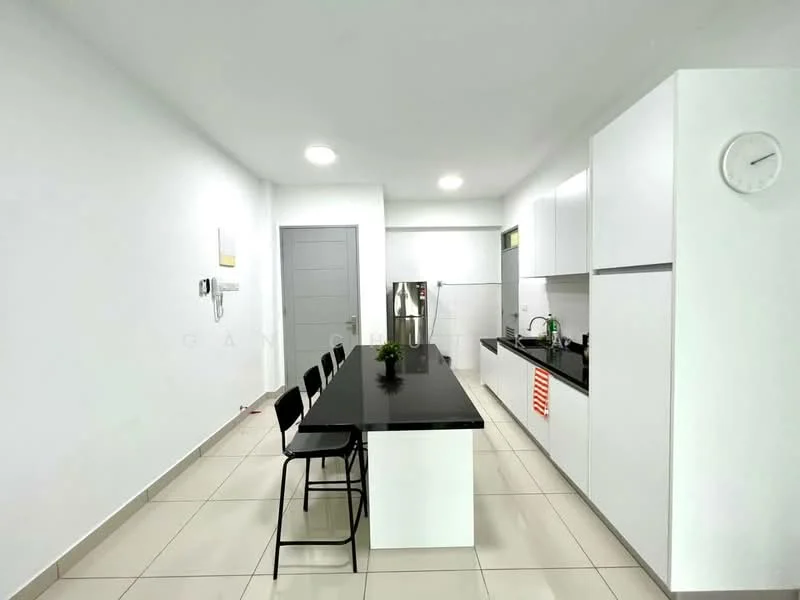 Kitchen features: white painted walls, white cabinetry, black granite countertop, stainless-steel fridge, built-in oven, 4-burner gas hob, single-bowl stainless-steel sink, chrome pull-down faucet, tile flooring, recessed downlights, bar stools, clock on wall; style: modern.