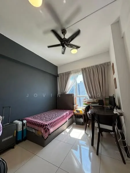 Bedroom features: single bed with purple bedspread, black headboard, 2 bedside tables, desk with chair, window with sheer curtains, ceiling fan with light, white walls, grey accent wall, tile flooring, luggage bags, study lamp; style: modern; view: city.