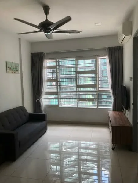 Living features: 3-seater fabric sofa in grey, wooden TV console, floor-to-ceiling windows, grey curtains, white painted walls, polished tile flooring, ceiling fan, wall-mounted split AC; style: modern; view: city.