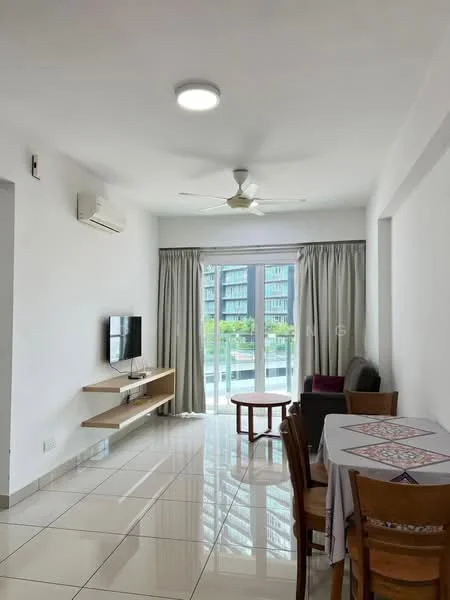 Living features: white painted walls, glossy tile flooring, 5-blade ceiling fan with light, wall-mounted TV, floating TV console, sliding glass door, floor-to-ceiling windows, curtains, coffee table, dining table with chairs, sofa, air conditioning unit; style: modern; view: garden.