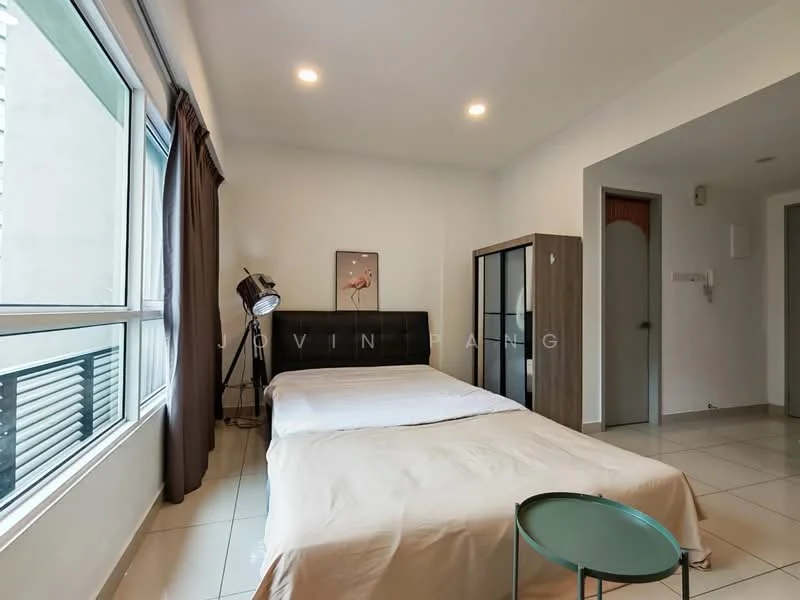 Bedroom features: queen-size bed, upholstered headboard, floor-to-ceiling windows, sheer curtains, light-colored walls, tile flooring, recessed downlights, wooden wardrobe, decorative artwork, side table, lamp; style: modern.