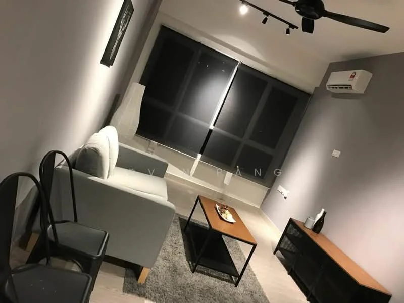Living features: 3-seater fabric sofa in light grey, black metal coffee table, area rug in grey, wall-mounted split AC, ceiling fan, black TV console, decorative wall art, large sliding glass door, grey painted walls, wooden flooring; style: modern.