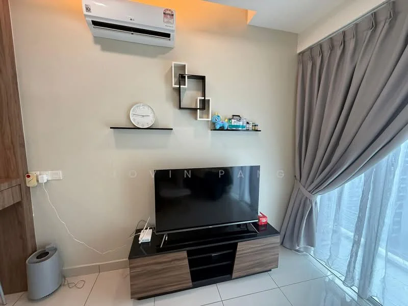 Living features: wall-mounted TV, TV console in dark wood, light grey walls, white ceiling, floor-to-ceiling windows with sheer curtains, recessed lighting, 1 wall-mounted split AC, decorative wall shelves, clock on wall, grey area rug, ceramic tile flooring; style: modern; view: city.