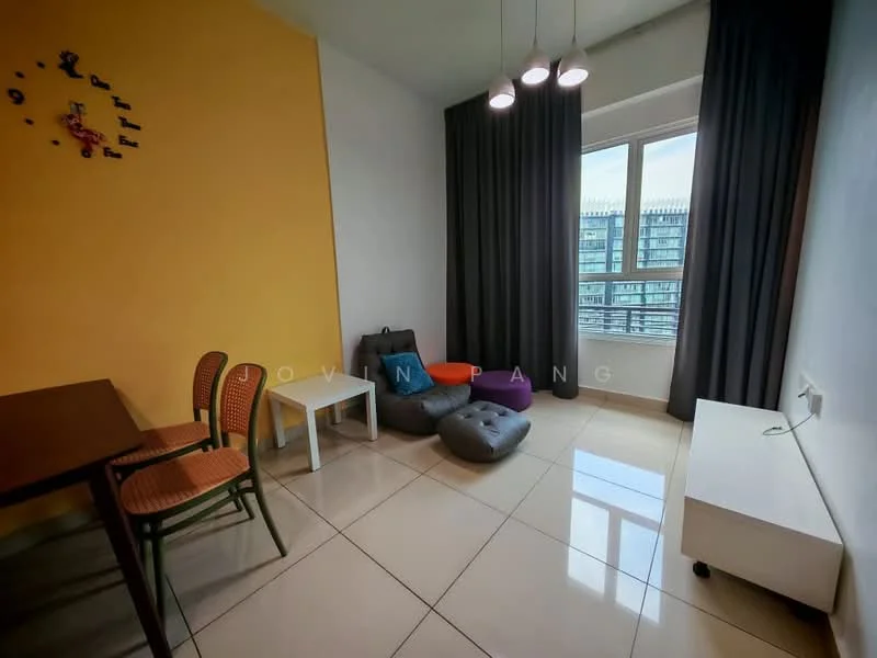 Living features: yellow accent wall, white painted walls, glossy tile flooring, floor-to-ceiling window, grey curtains, 3 pendant lights, wooden dining table, 2 wooden chairs with cushions, small white side table, grey lounge chair, bean bag chair; style: modern; view: city.