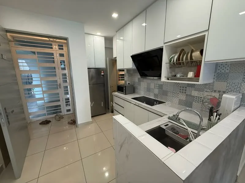 Kitchen features: white high-gloss cabinetry, marble countertop, double-bowl stainless-steel sink, chrome pull-down faucet, built-in oven, stainless-steel fridge, microwave, ceramic tile backsplash with mosaic pattern, recessed downlights, tile flooring, open shelving, kitchen island with seating; style: modern. Room features: sliding glass door, interior door with frosted glass panels, tile flooring.