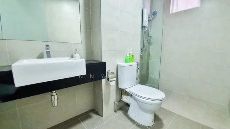Bathroom features: wall-mounted sink with chrome faucet, black countertop, white toilet, glass shower enclosure, shower head, grey tiled walls, light grey tiled flooring, mirror above sink; style: modern.