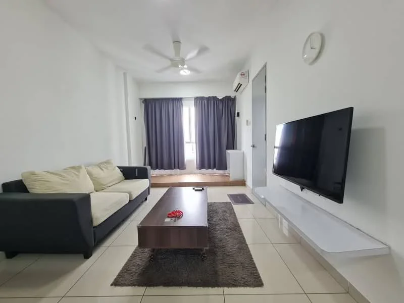 Living features: 3-seater fabric sofa in beige, coffee table, wall-mounted TV, TV console, area rug with geometric pattern, floor-to-ceiling windows, curtains in dark grey, ceiling fan with light, wall clock, white painted walls, tile flooring; style: modern.