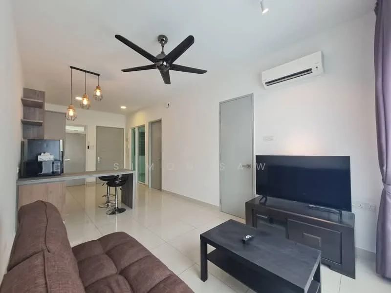 Living features: 3-seater fabric sofa in brown, coffee table, wall-mounted TV, TV console, 5-blade ceiling fan with light, recessed downlights, sliding glass door, white painted walls, tile flooring, air conditioning unit, decorative pendant lights; style: modern.