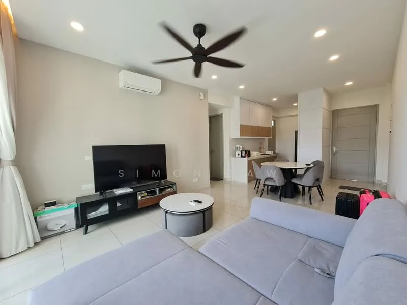 Living features: grey fabric L-shape sectional sofa, round coffee table, black TV console, wall-mounted flat-screen TV, 1 wall-mounted split AC, recessed LED downlights, ceiling fan, large windows with sheer curtains, white walls, tile flooring; style: modern. Kitchen features: white cabinetry, stainless-steel sink, built-in oven, freestanding range oven, microwave, kitchen island, countertop, tile backsplash; style: modern.