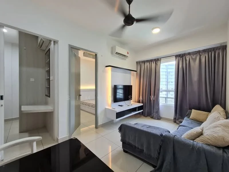 Living features: 3-seater fabric sofa in grey, ceiling fan, wall-mounted TV, TV console, large window with sheer curtains, tile flooring, light-colored walls, decorative throw pillows; style: modern; view: city. Room features: wall-mounted air conditioning unit, light-colored walls, doorway leading to another room.
