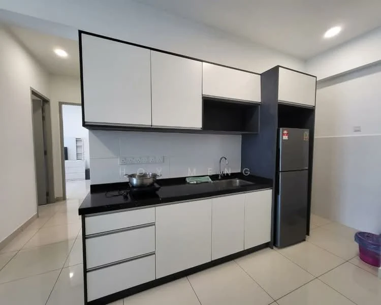 Kitchen features: black granite countertop, white cabinetry with flat-panel doors, stainless-steel fridge, built-in kitchen sink, single-bowl stainless-steel sink, chrome faucet, ceramic tile flooring, white tiled backsplash, wall-mounted cabinets, open shelving, recessed lighting; style: modern.
