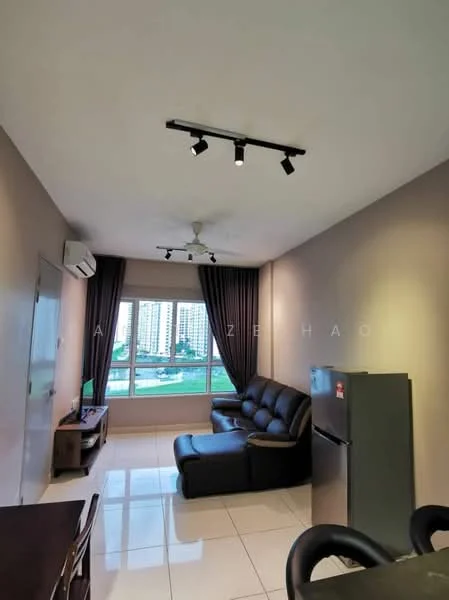 Living features: 3-seater leather sofa in black, coffee table, wall-mounted TV, floor-to-ceiling windows, curtains in dark fabric, recessed LED downlights, 1 wall-mounted split AC, glossy tile flooring, decorative wall with neutral paint, TV console; style: modern; view: garden.