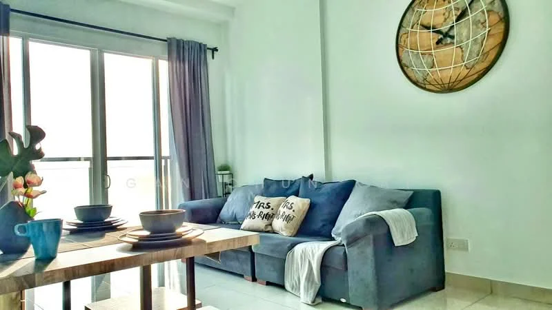 Living features: grey fabric sofa, wooden coffee table, decorative wall clock, floor-to-ceiling windows, sheer curtains, ceramic tile flooring, decorative plant, two bowls on the table, two cups on the table, throw blanket on the sofa, decorative pillows; style: modern; view: city.