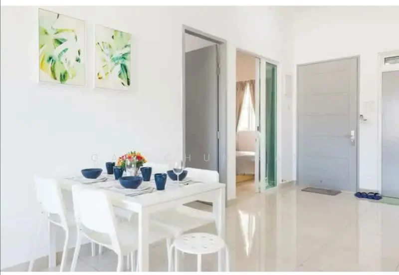 Dining features: white dining table, 4 white dining chairs, blue dinnerware, floral centerpiece, cream painted walls, glossy tile flooring, natural light from window, decorative wall art with green leaves; style: modern. Hallway features: cream painted walls, glossy tile flooring, door leading to another room, light-colored door, natural light from window; style: modern.