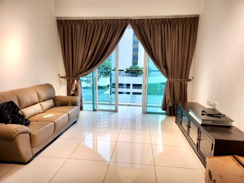 Living features: 3-seater leather sofa in beige, floor-to-ceiling windows, sheer curtains, dark wood TV console, white walls, glossy ceramic tile flooring, decorative wall art, box storage on the floor; style: modern; view: garden.