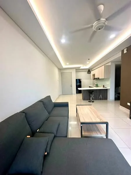 Living features: 3-seater fabric sofa in grey, wood coffee table, recessed LED downlights, ceiling fan, white painted walls, glossy white tile flooring, open layout to kitchen, neutral color scheme; style: modern. Kitchen features: kitchen island, stainless-steel fridge, built-in cabinetry, pendant lighting, white countertops, open shelving; style: modern.