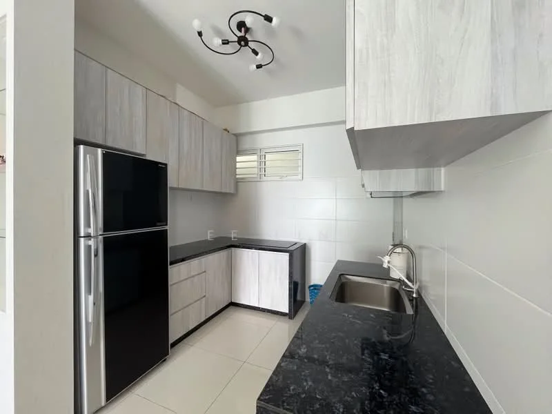 Kitchen features: black granite countertop, grey laminate cabinetry, stainless-steel single-bowl sink, chrome pull-down faucet, stainless-steel fridge, built-in oven, ceramic tile flooring, white tiled walls, recessed downlights, modern chandelier; style: modern.
