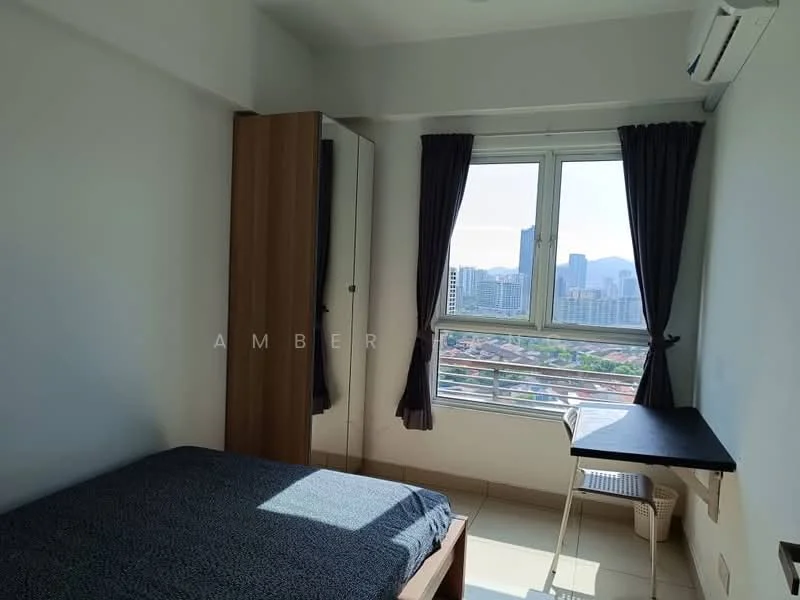 Bedroom features: queen-size bed, wooden wardrobe, floor-to-ceiling window, curtains, study desk, chair, air conditioning unit, tile flooring, city view; style: modern; view: city.