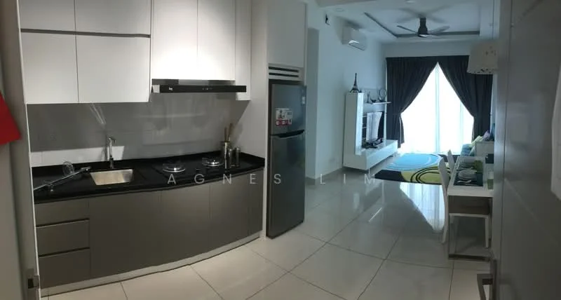 Kitchen features: black granite countertop, stainless-steel single-bowl sink, chrome pull-down faucet, built-in oven, freestanding range oven, stainless-steel refrigerator, white cabinetry with flat-panel design, ceramic tile flooring, recessed downlights; style: modern. Living features: 3-seater fabric sofa in green, coffee table, TV console, wall-mounted TV, area rug with geometric pattern, dining table with white chairs, floor-to-ceiling windows with sheer curtains, ceiling fan, decorative wall art; style: modern.