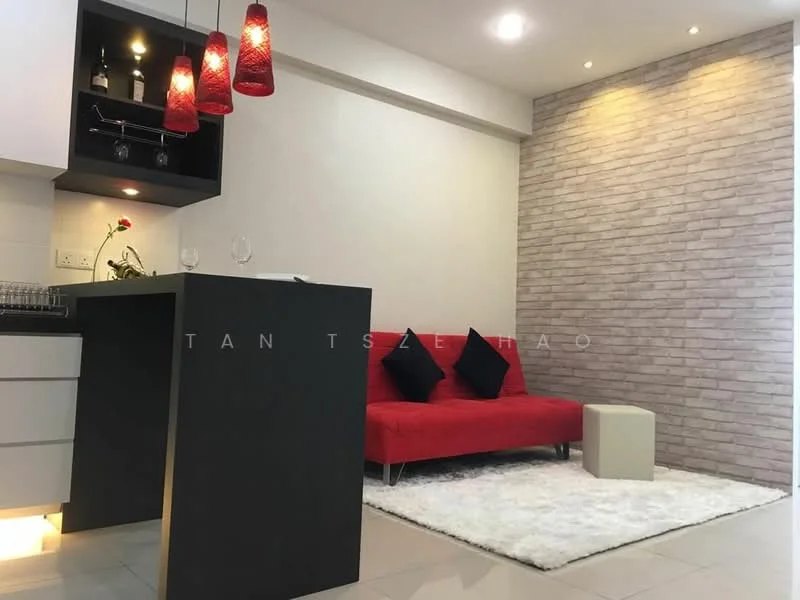 Living features: red fabric sofa, black accent cushions, white area rug, black coffee table, stone accent wall, white painted walls, recessed ceiling lights, pendant lights with red shades, open shelving with glassware, bar counter with seating; style: modern.